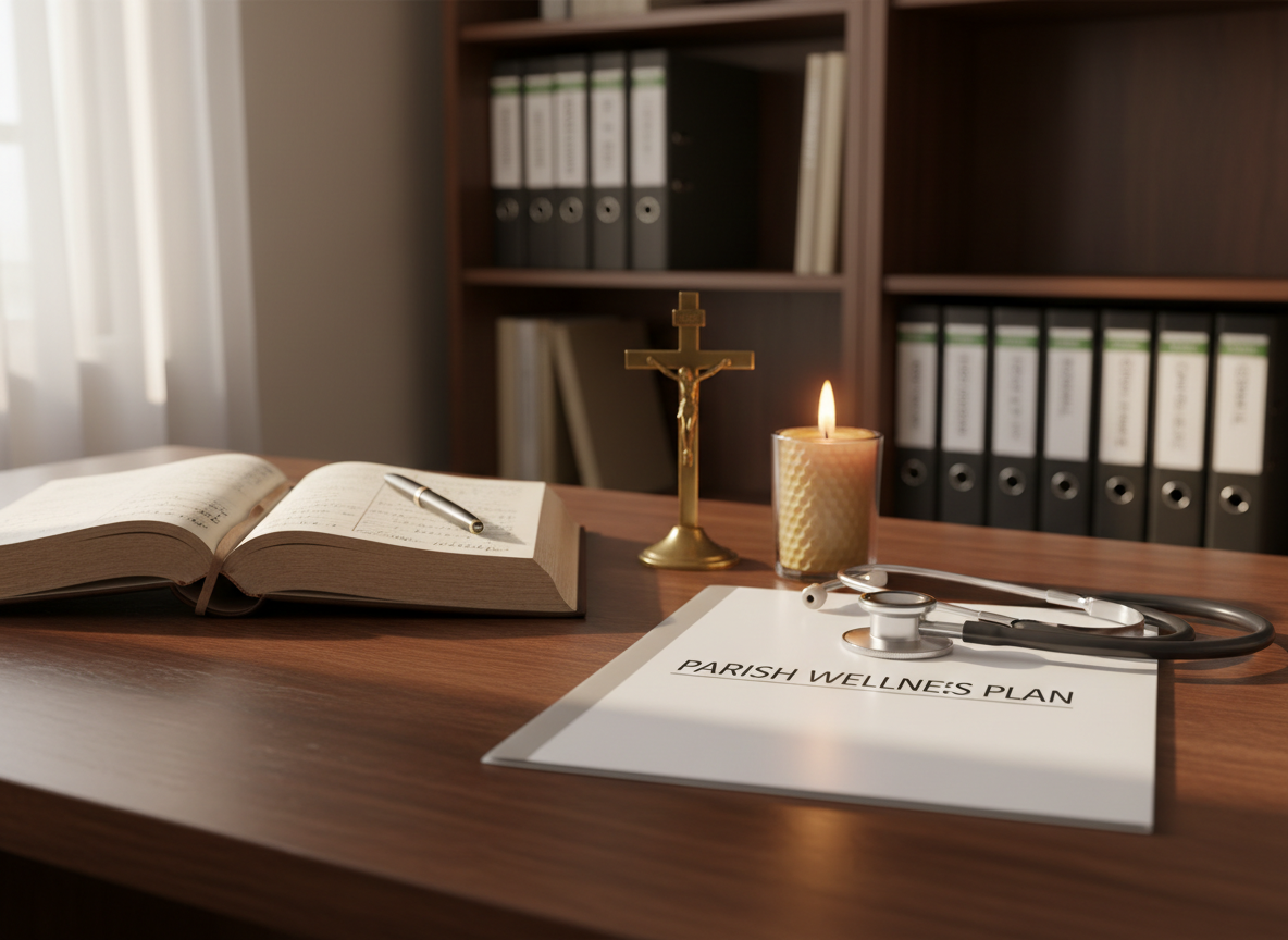 A neatly arranged wooden desk in a quiet parish office, featuring an open leather-bound health journal beside a stethoscope resting gently on a crisp white folder labeled “Parish Wellness Plan.” A small brass crucifix stands upright next to a lit beeswax candle, its soft flame reflecting on the polished surface. In the background, bookshelves hold organized binders on nutrition, chronic disease management, and spiritual care, softly blurred. Late morning natural light enters through a nearby window, casting gentle, warm highlights and calm shadows. Photographic realism, shot at eye level with a slight angle, using shallow depth of field to keep the journal and crucifix in sharp focus. The mood is professional, serene, and reassuring, emphasizing faith-informed health guidance.