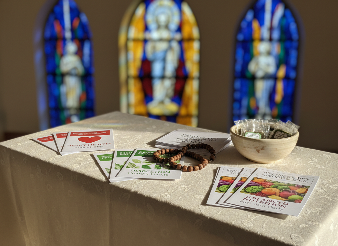 A sunlit parish resource table draped in an ivory cloth, carefully arranged with colorful health education brochures on heart health, diabetes prevention, and balanced nutrition, each clearly titled and thoughtfully fanned out. A wooden rosary encircles a small stack of wellness handouts, while a simple ceramic bowl holds individually wrapped herbal tea bags labeled “Stress Relief.” Behind the table, a softly blurred view of stained glass windows adds rich jewel tones of blue and gold. Soft afternoon light filters through the glass, creating gentle reflections on the glossy brochure covers. Photographic realism, captured from a slightly elevated angle with moderate depth of field. The scene feels welcoming, informative, and grounded in Catholic parish life, ideal for a health information advocate’s homepage.